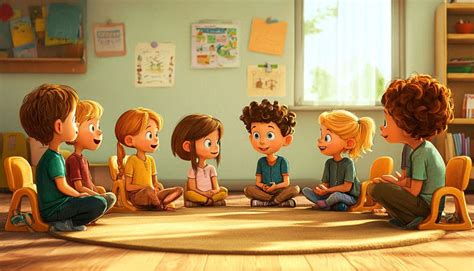Ilustrácia: Deti sediace v kruhu a rozprávajúce sa s učiteľkou