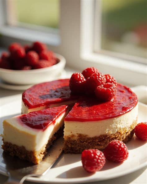 Hotový Newyorský cheesecake s malinovou omáčkou