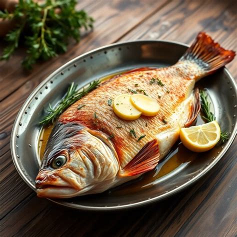 Pečený kapor na tanieri s citrónom a bylinkami