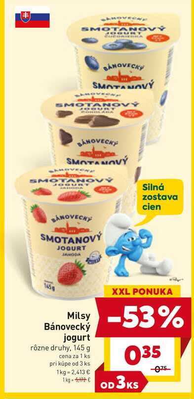 Rôzne druhy bánoveckých jogurtov (smotanový, poctivý, vanilkový, jahodový)