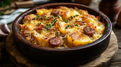Dusená kapusta so zemiakmi a klobásou na tanieri