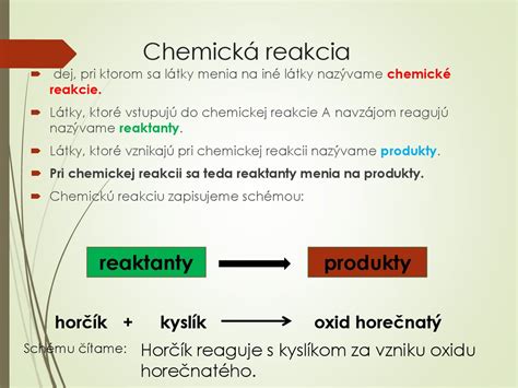Schéma chemickej reakcie znázorňujúca reaktanty meniace sa na produkty