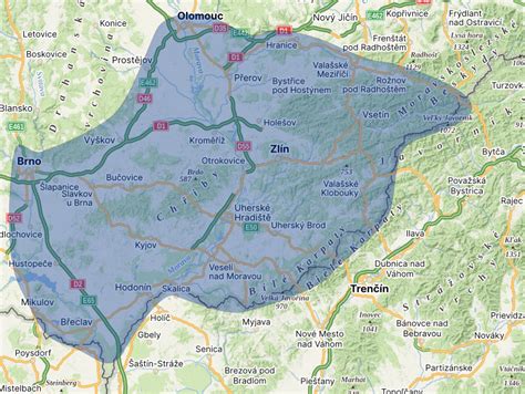 Mapa oblasti rozvozu Štrúdle od Danky