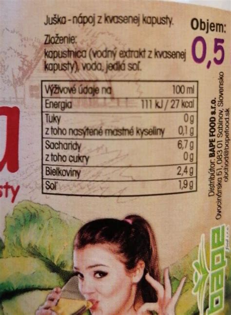 Tabuľka s nutričnými hodnotami kvasenej kapusty
