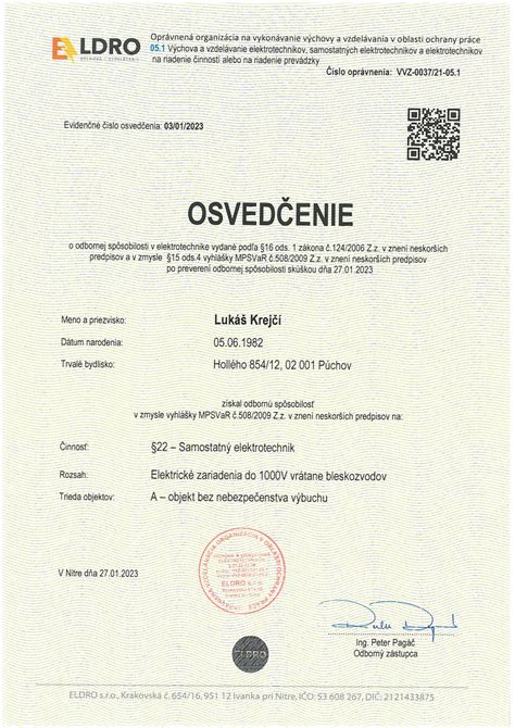 Certifikát odbornej spôsobilosti kuchárky