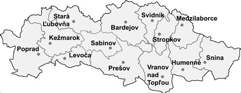 Mapa Prešovského kraja s vyznačenými cukrárňami