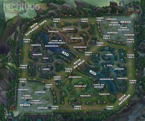 Mapa Summoner's Rift s vyznačenými štruktúrami