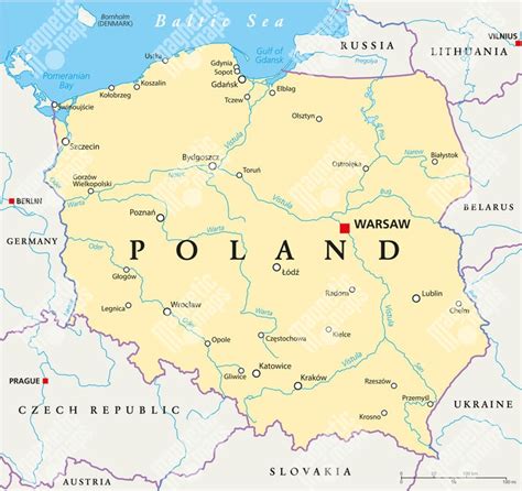 Mapa Poľska s vyznačeným Toruňom a hlavnými trasami z Varšavy a Katovíc