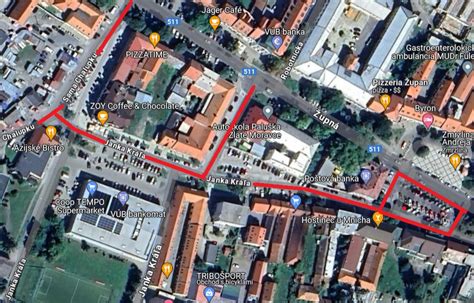 Mapa Zlatých Moraviec s označením pekárne KAMA a okolitých bodov záujmu