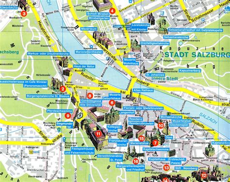 Mapa historického centra Salzburgu s vyznačenými námestiami Domplatz a Residenzplatz
