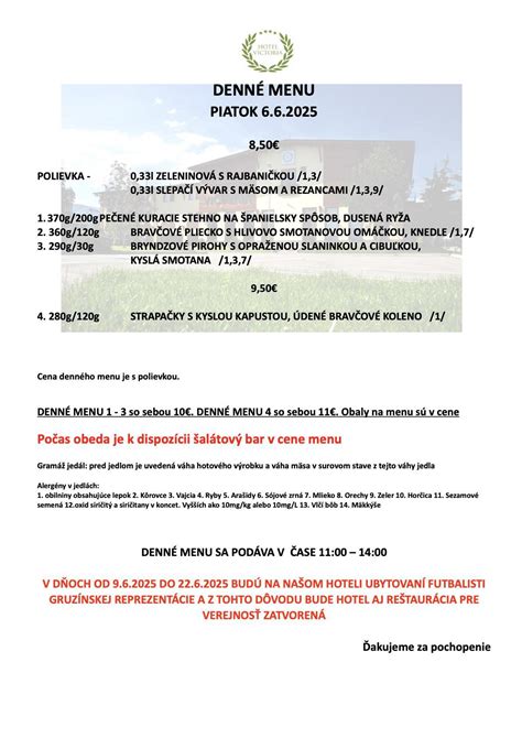 Ukážka denného menu s jedlom a cenou