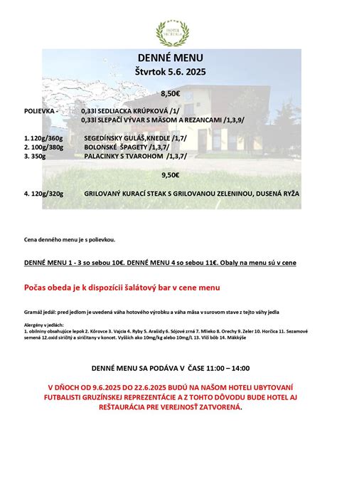 Príklad denného menu Hotel Granit