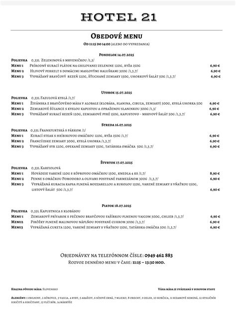Ukážka denného menu v reštaurácii s ponukou rezňov