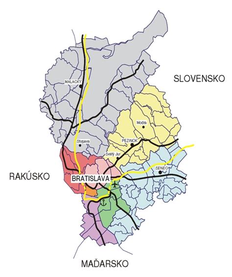 Mapa Trnavského a Bratislavského kraja s vyznačením Senca a Trebatíc