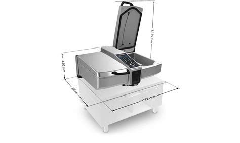 Technický nákres multifunkčnej panvice RATIONAL iVario Pro s vyznačením kľúčových komponentov