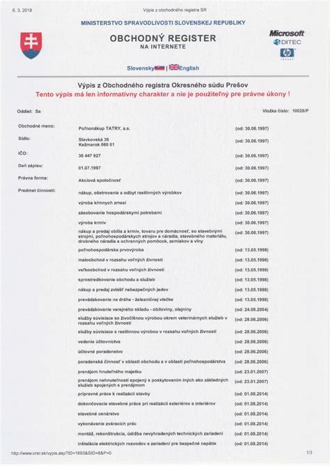 Výpis z obchodného registra s firemnými údajmi