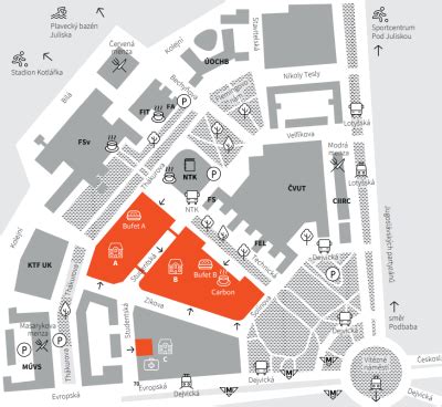 Mapa kampusu EUBA s vyznačenými stravovacími zariadeniami