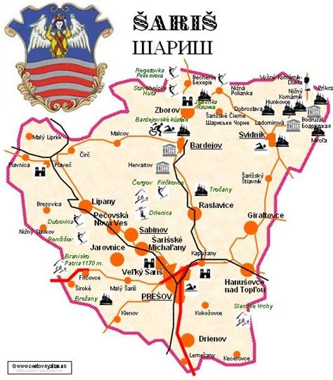 Mapa regiónu Šariš s vyznačenými mestami