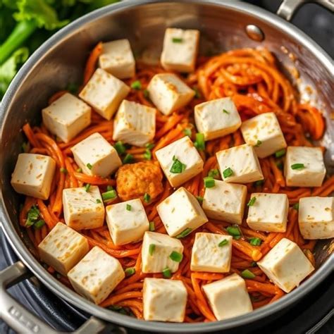 kocky marinovaného tofu pripravené na panvici
