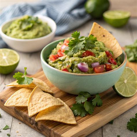 Fotografia čerstvého guacamole s totopos
