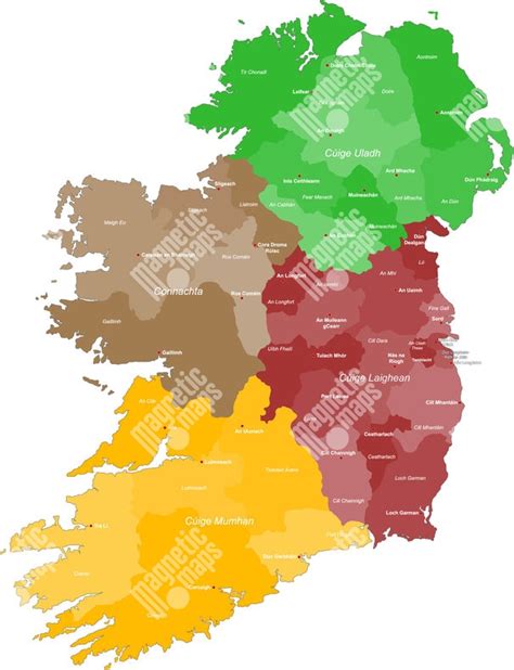 Mapa Írska s vyznačenými provinciami a regiónmi