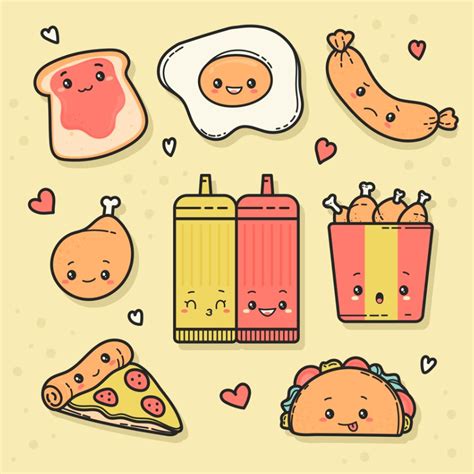 kreslené kawaii jedlo s veselými tváričkami