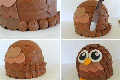 Torta v tvare sovy zdobená krémovými pierkami