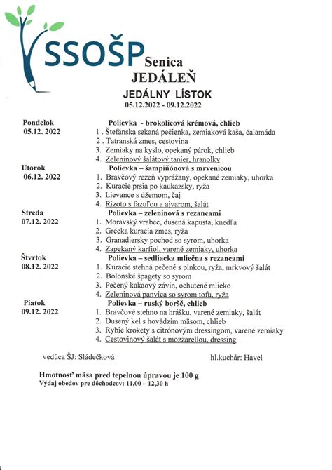 Ukážka jedálneho lístka školskej jedálne