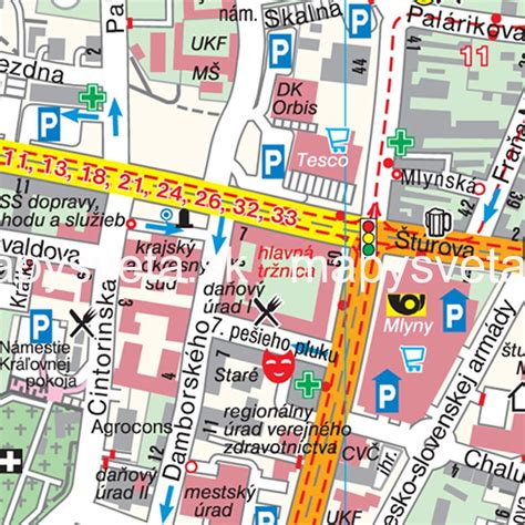 Mapa Nitry s vyznačenou ulicou Čajkovského