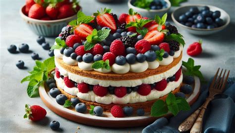 Nepečená torta s vrstvami piškót, krému a čerstvého ovocia