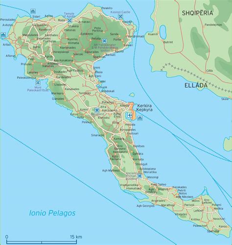 Mapa ostrova Korfu s vyznačenými hlavnými letoviskami