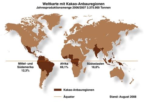 Mapa hlavných svetových oblastí pestovania kakaa