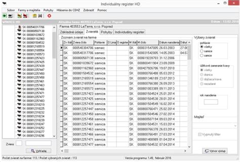 Screenshot z programu Winreg pre evidenciu zvierat