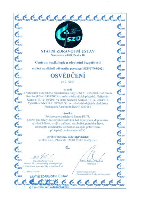 Certifikát pre styk s potravinami