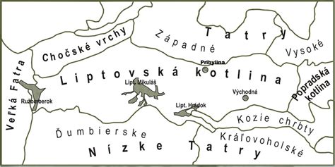 Mapa Liptova s vyznačenými oblasťami pestovania plodín