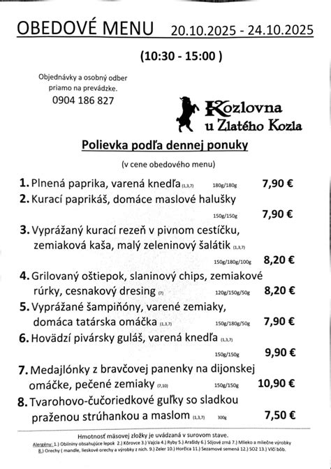 Ukážka obedového menu Hotel Squash Prievidza