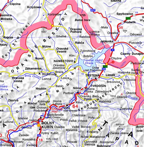Mapa Hornej Oravy s vyznačenými obcami