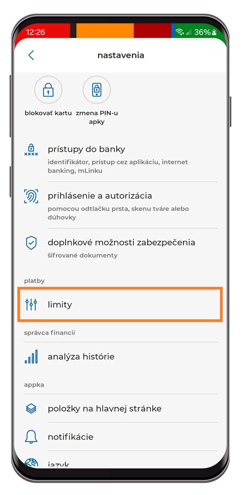 Screenshoty mobilnej aplikácie Tatra banka s nastavením limitov