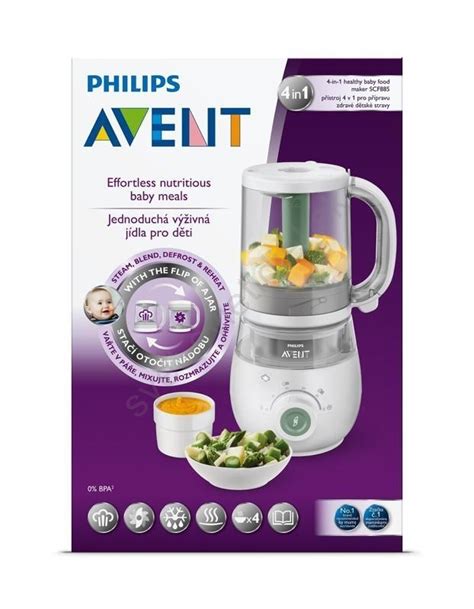 Schéma prístroja Philips Avent 4v1 s vyznačenými funkciami: varenie v pare, mixovanie, rozmrazovanie, zohrievanie