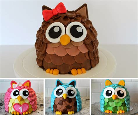 Torta v tvare sovy s rôznymi farebnými zdobeniami