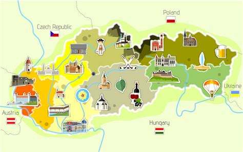 Mapa Slovenska s označenými turistickými atrakciami
