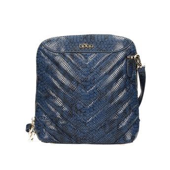 Detail tmavomodrej talianskej koženej kabelky s hadím vzorom