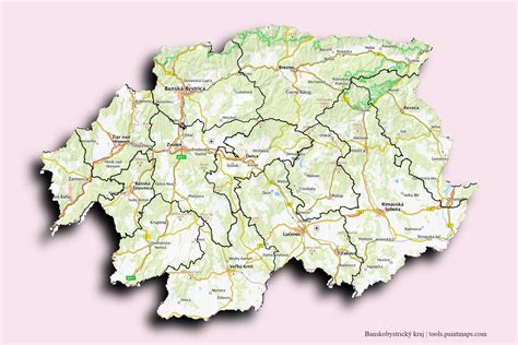 Mapa Banskobystrického kraja s vyznačenými turistickými trasami