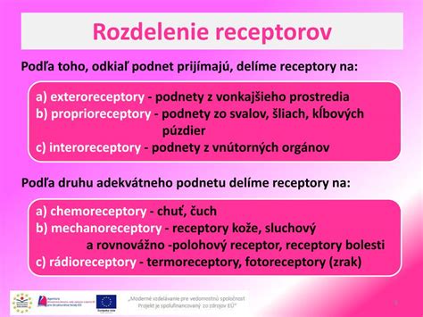 Schéma: Rozdelenie receptorov podľa typu podnetu a miesta pôvodu