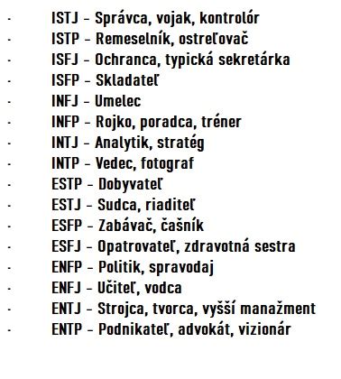 Schéma 16 typov osobnosti rozdelených do štyroch skupín