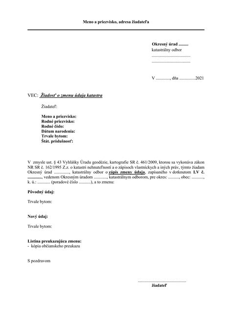 Ukážka formulára pre oznámenie zmeny údajov