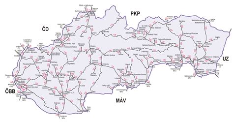Mapa hlavných železničných tratí na Slovensku