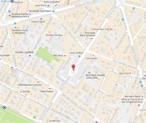 Mapa Place Vendôme v Paríži s vyznačenými klenotníctvami