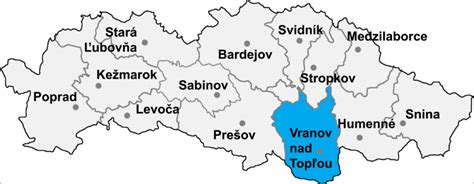 Mapa Východného Slovenska s vyznačením okresu Vranov nad Topľou