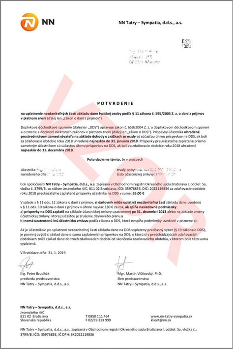 Vzor potvrdenia o zaplatených príspevkoch na DDS